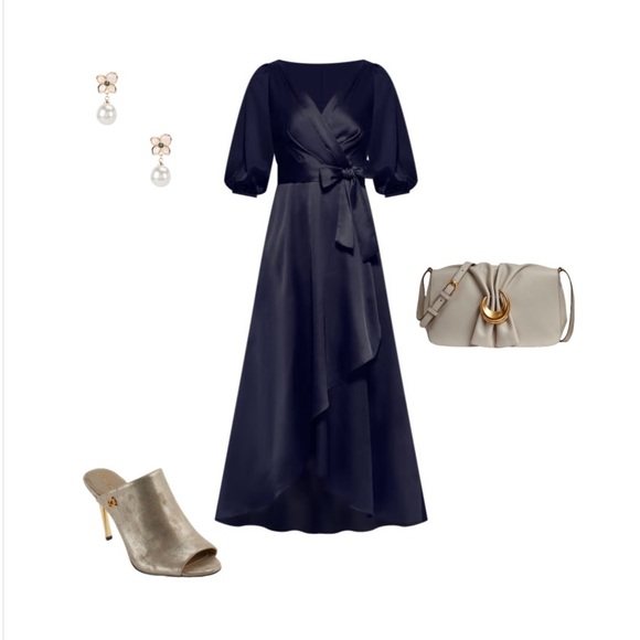 DNKY by Donna Karan 3/4 balloon sleeve v neck faux wrap gown - Picture 4 of 11